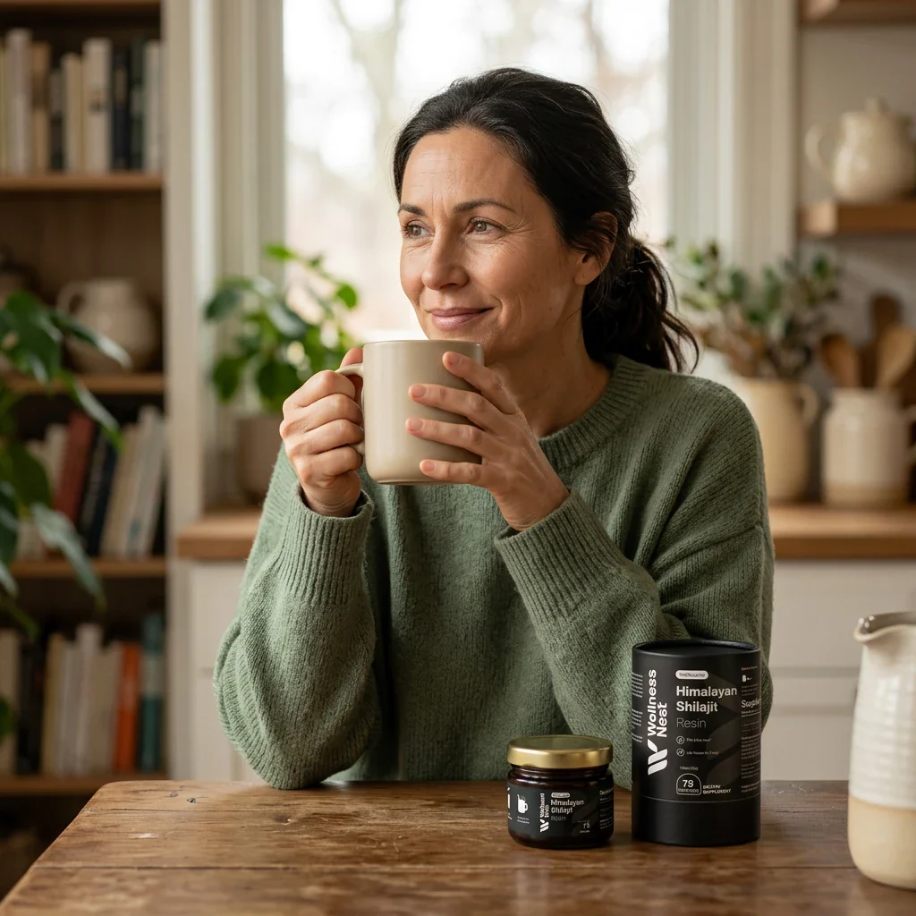 Frau trinkt Tee mit Wellness Nest Shilajit Produkt auf dem Tisch