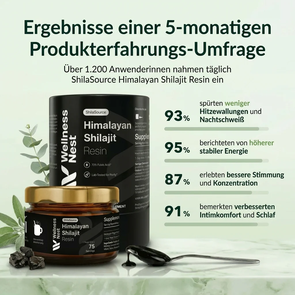 Umfrageergebnisse: 93% weniger Hitzewallungen, 95% höhere Energie, 87% bessere Stimmung, 91% verbesserter Schlaf